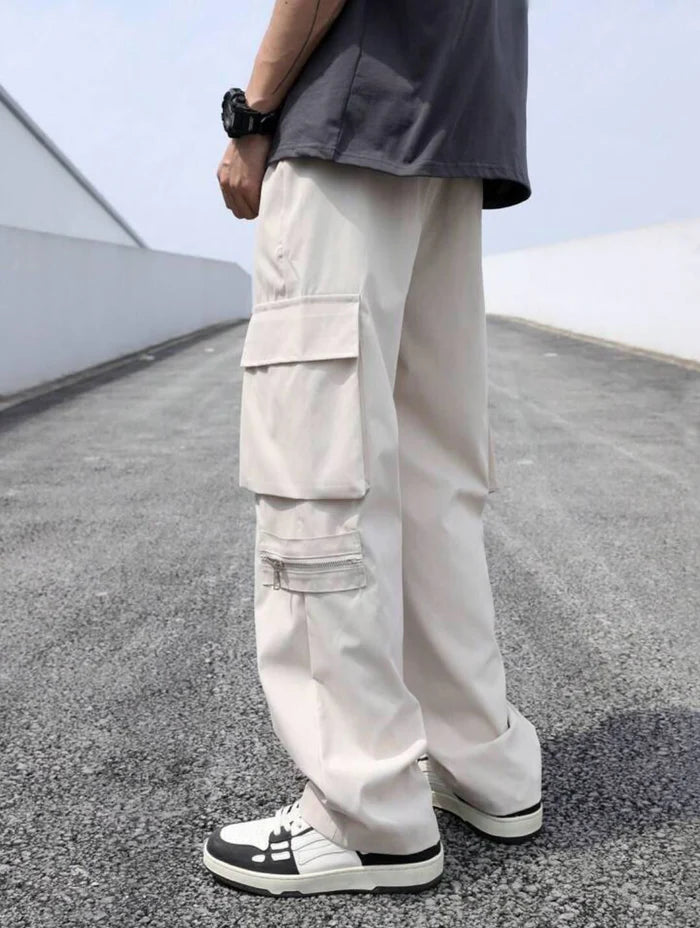 White Multi-Pocket Cargo Pants with Zipper Detail