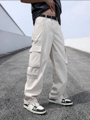 White Multi-Pocket Cargo Pants with Zipper Detail